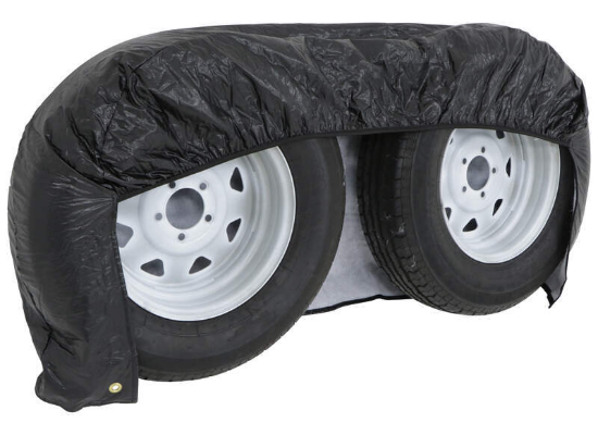 Black ADCO 3932 Double Axle Tyre Gard Covering Dual RV Trailer Tires - Front View | United RV Parts