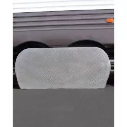 Silver Diamond Plate Vinyl Double Axle Tire Cover - Installed Front View | United RV Parts