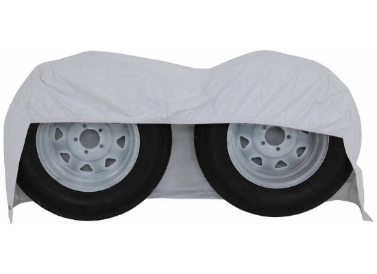 White ADCO Double Axle Tyre Gard Covering Two RV Wheels - Product View | United RV Parts