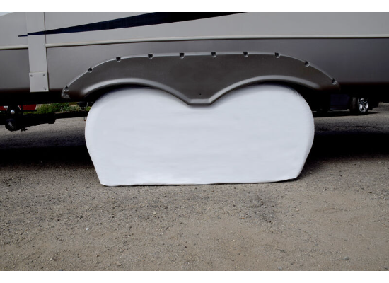 White ADCO Double Axle RV Tire Cover Installed on Trailer - Side View | United RV Parts