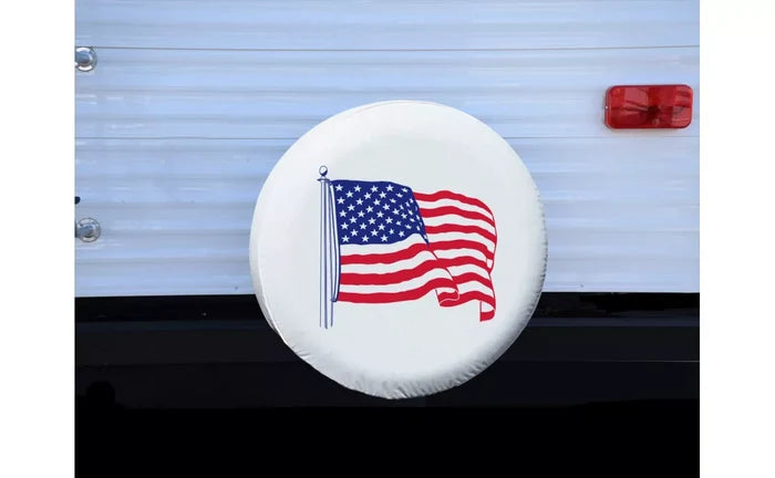 ADCO White Vinyl RV Spare Tire Cover with American Flag Design - Installed View | United RV Parts