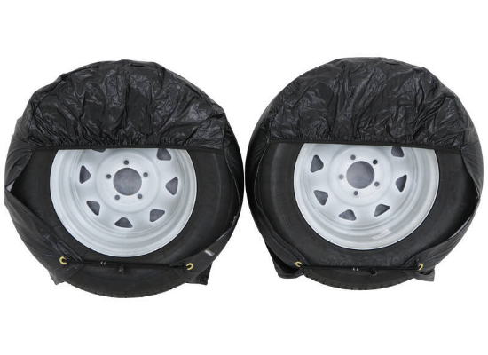 Black ADCO Ultra Tyre Gard RV Tire Covers Pair on Matching White Spoke Wheels | United RV Parts