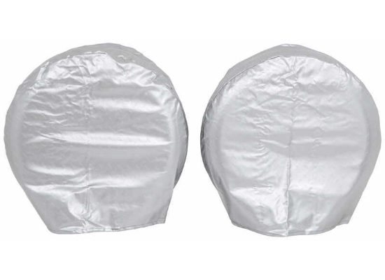 Silver ADCO Ultra Tyre Gard Covers Installed on Pair of RV Wheels - Front View | United RV Parts