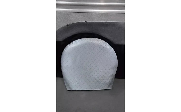 Silver Diamond Plate Vinyl RV Tire Cover Installed on Wheel - Front View | United RV Parts