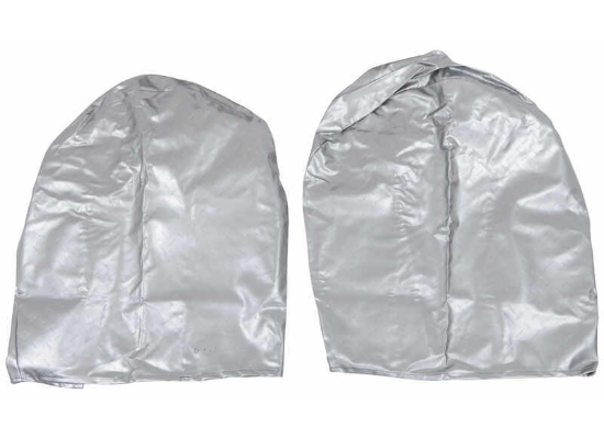 Silver Vinyl RV Tire Covers Set of Two Uninstalled - Front View | United RV Parts
