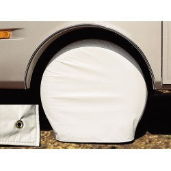 ADCO Ultra Tyre Gard White RV Tire Cover Installed on Motorhome Wheel - Side View | United RV Parts