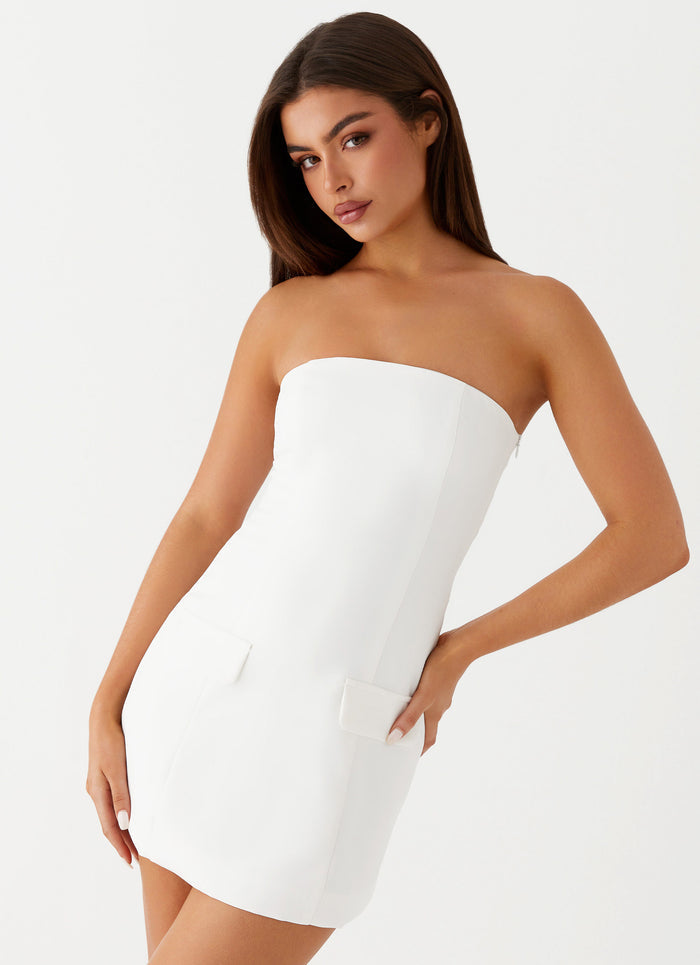 Womens Allora Strapless Mini Dress in the colour White in front of a light grey background
