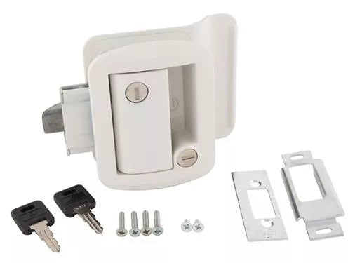 White AP Products 013-571 Travel Trailer Entry Lock Set with Keys & Hardware - Front View | United RV Parts