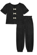 Black Crinkle Plisse Pant Set with Bows