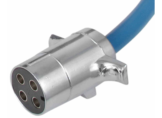 Blue Ox BX8861 Chrome 4-Pin Male Plug Connector on Blue Cable - Close-Up Detail | United RV Parts