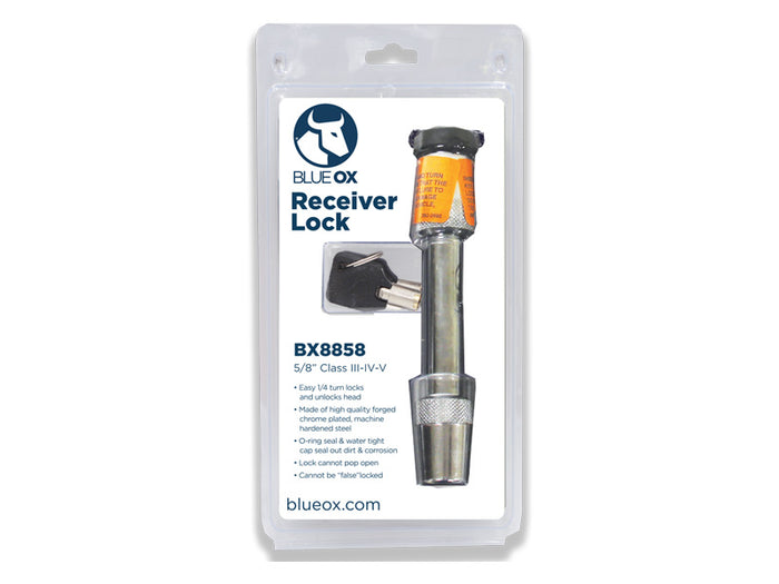 Blue Ox BX8858 5/8 Inch Class III-IV-V Receiver Lock in Retail Clamshell Packaging | United RV Parts