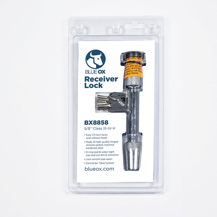 Blue Ox BX8858 Receiver Lock Full Retail Package Showing Lock Pin and Keys - Front View | United RV Parts