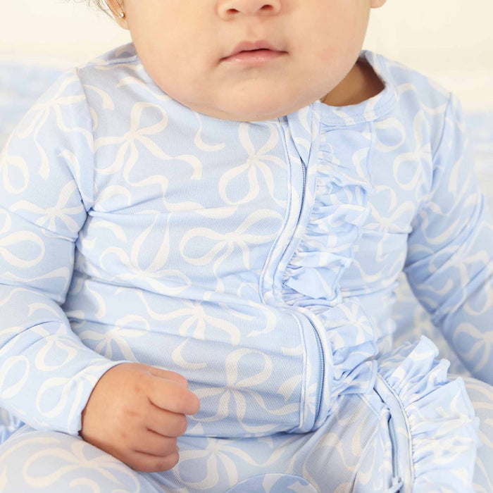 Blue-tiful Bows Ruffle Zipper Footie