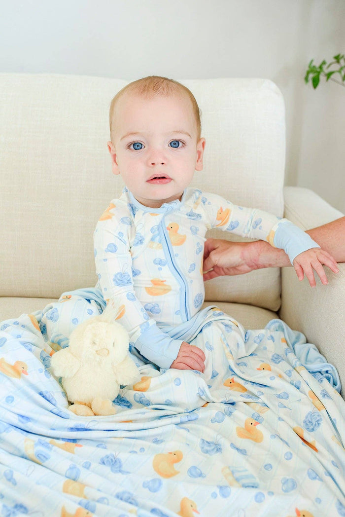 Bubble Duckies Blue Convertible Bamboo Zip Romper