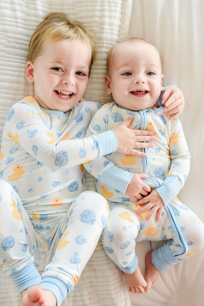 Bubble Duckies Blue Convertible Bamboo Zip Romper