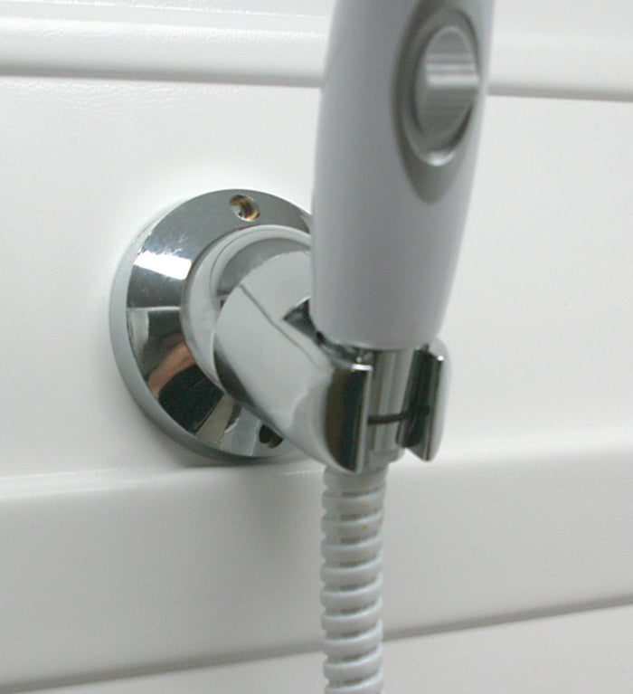 Camco Chrome Adjustable Shower Head Mount Installed on RV Wall Holding Handheld Shower Head | United RV Parts
