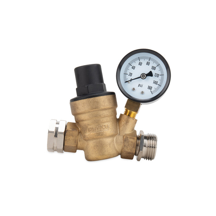 Brass Camco Water Pressure Regulator with Gauge - Side Profile View | United RV Parts