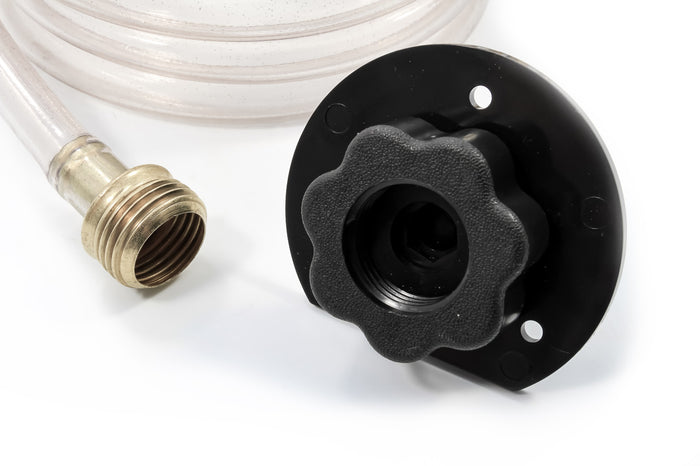 Camco Quickie Flush Black Plastic Tank Inlet Port with Brass Hose Fitting - Close-Up Detail | United RV Parts
