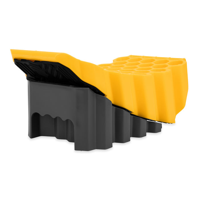 Yellow Plastic Camco Curved Leveler & Wheel Chock 44423 - Side Angle | United RV Parts
