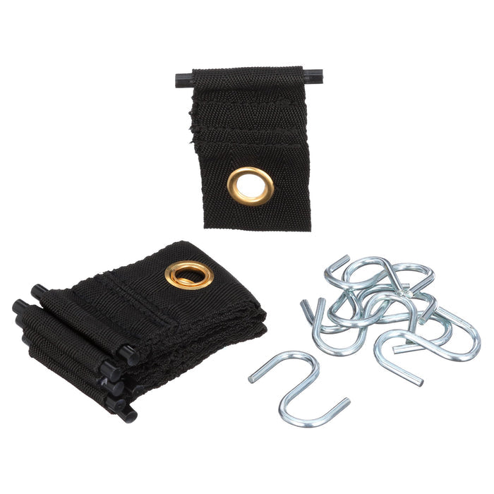 Black Fabric RV Awning Party Light Holders with Gold Grommets and S-Hooks - Full Kit View | United RV Parts