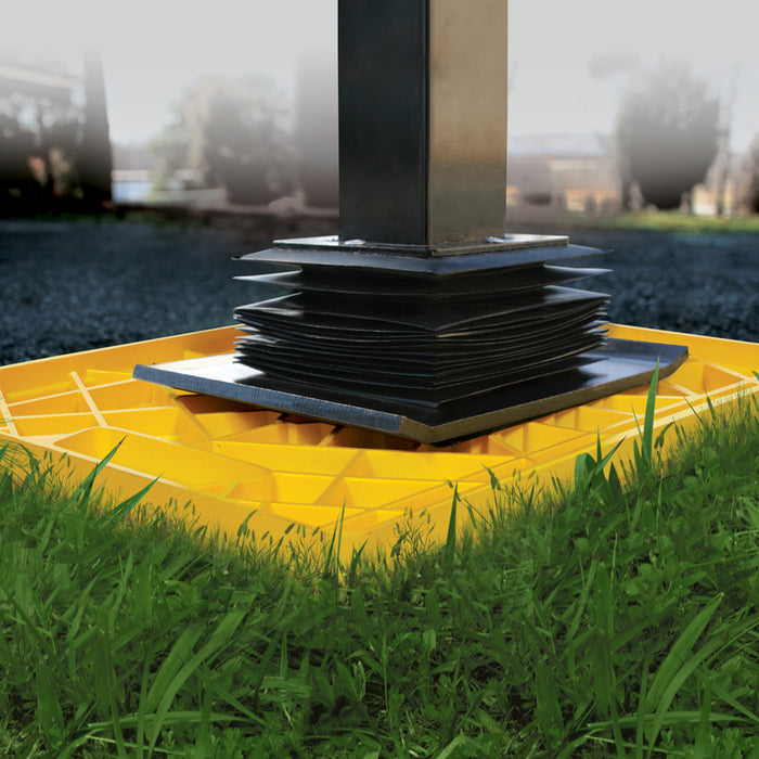 Yellow RV Jack Pad Under Stabilizer - In Use Application | United RV Parts