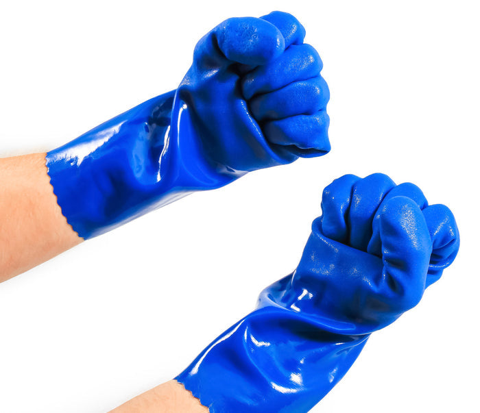 Blue Rubber RV Sanitation Gloves on Hands - Usage Demonstration | United RV Parts