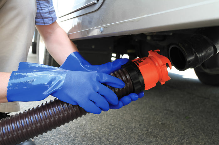 Blue Rubber RV Sanitation Gloves During Sewer Hose Connection | United RV Parts