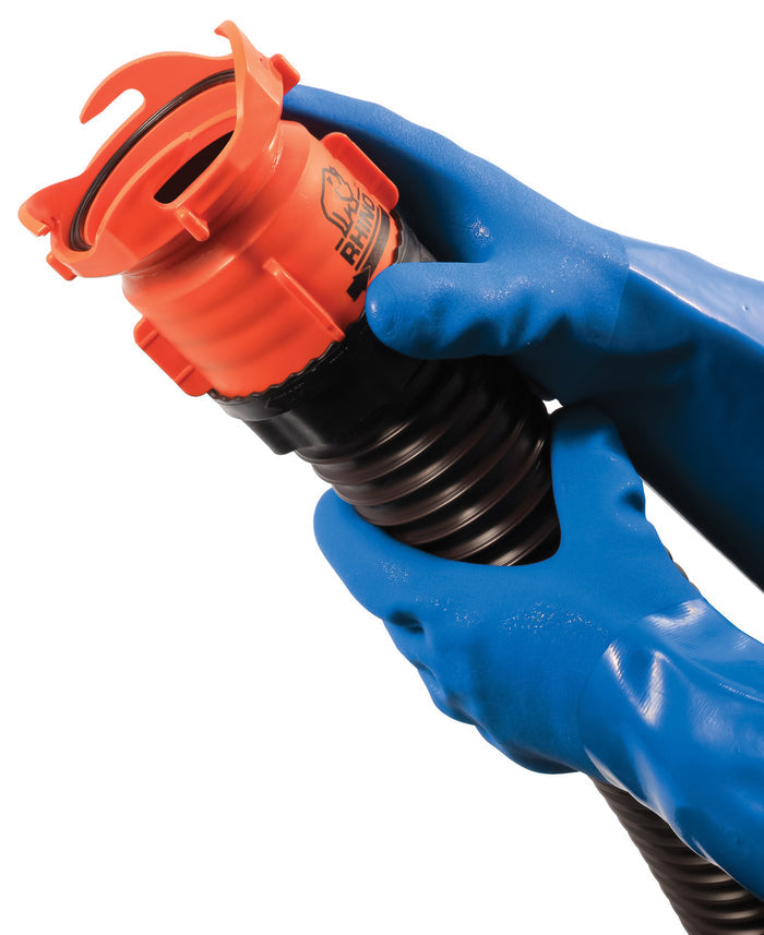Blue Rubber RV Sanitation Gloves with Sewer Adapter - Connection Detail | United RV Parts
