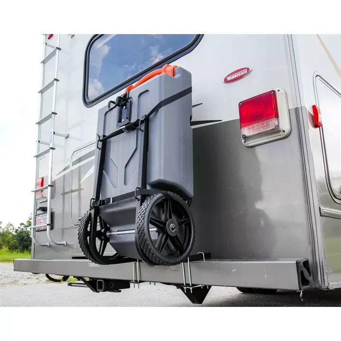 Grey Tote Tank Mounted on Camco Rhino Holder - RV Installation View | United RV Parts