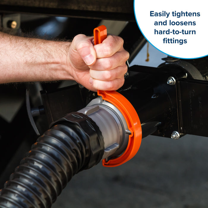 Orange RV Sewer Wrench In Use - Tightening Fitting Connection | United RV Parts