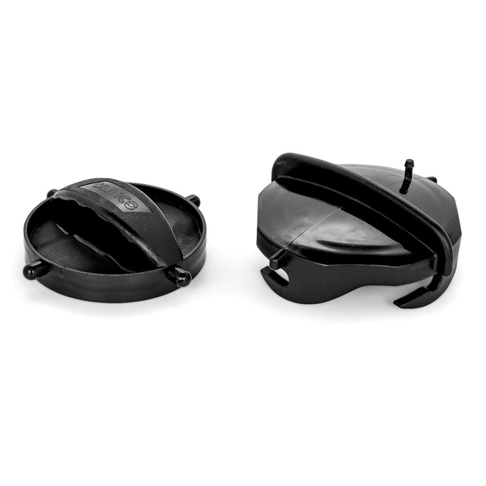 Black Plastic RV Sewer Hose Storage Caps - Angled Side View | United RV Parts