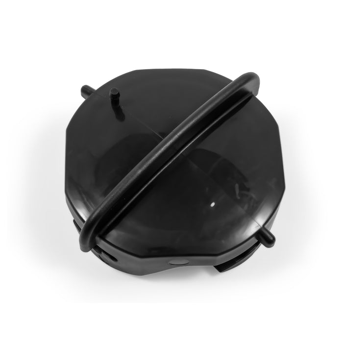 Black Plastic RV Sewer Cap - Overhead View with Handle | United RV Parts