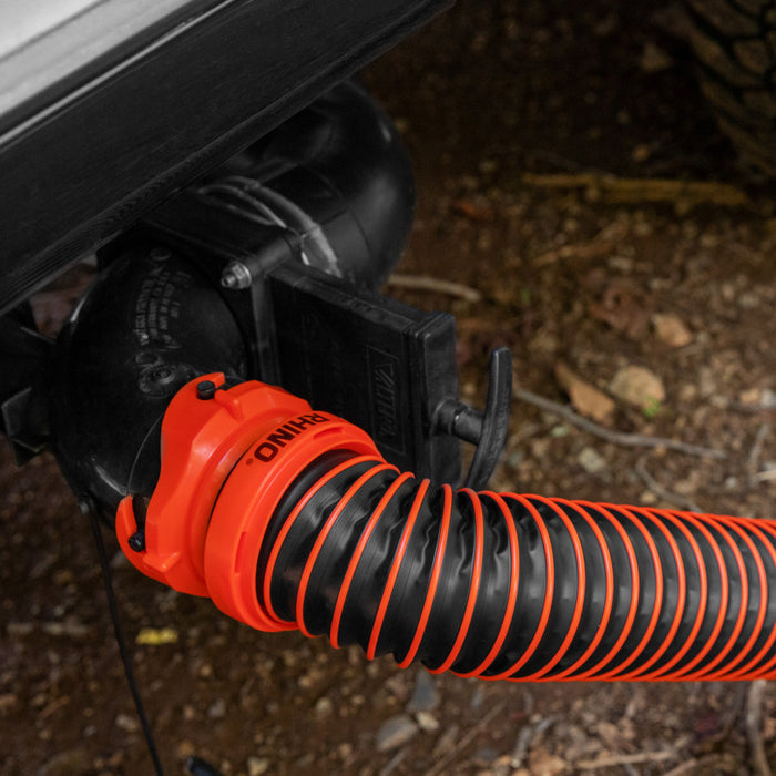 Orange Camco RhinoEXTREME Hose Connected to RV Black Tank Outlet | United RV Parts