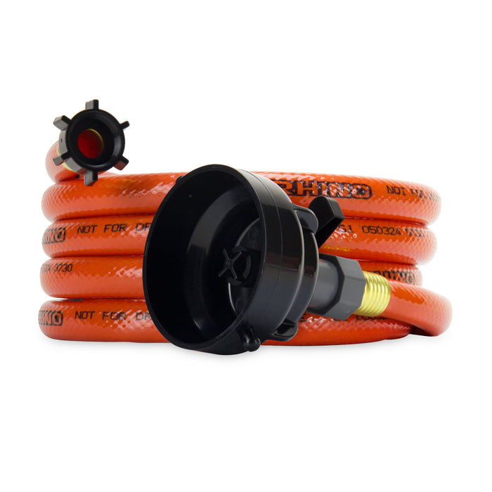 Black RV Sewer Hose Rinser Cap with Orange Bayonet Fitting - Coiled Hose View | United RV Parts