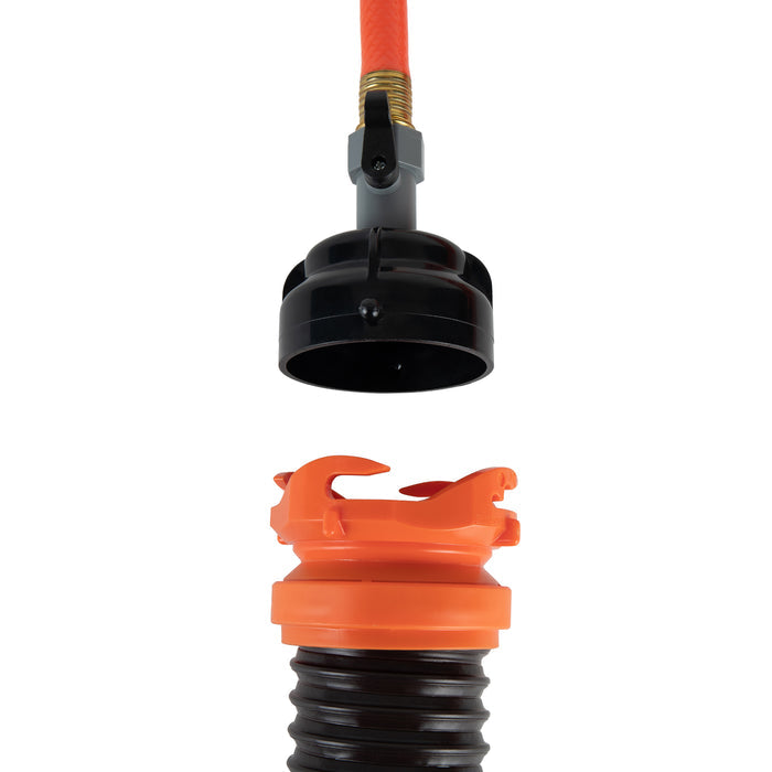 Black Camco Rinser Cap with Orange RV Sewer Hose Connector - Close-up Detail | United RV Parts