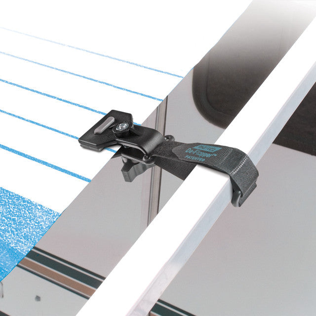 Black RV Awning De-Flapper Installed on White Awning | United RV Parts