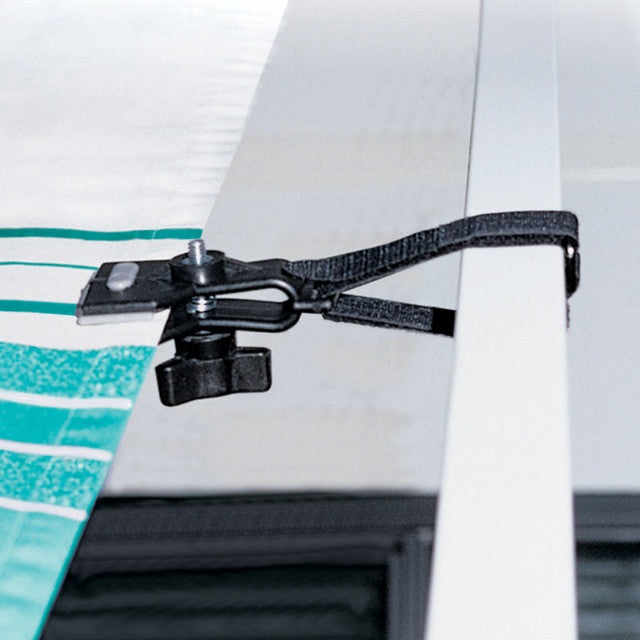 Black Awning De-Flapper Strap Attached to White RV Awning | United RV Parts