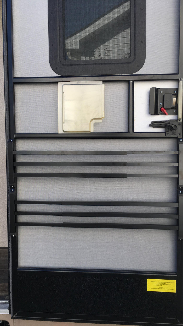Black Camco RV Screen Door Push Bar Installed on Full RV Screen Door - In Use | United RV Parts