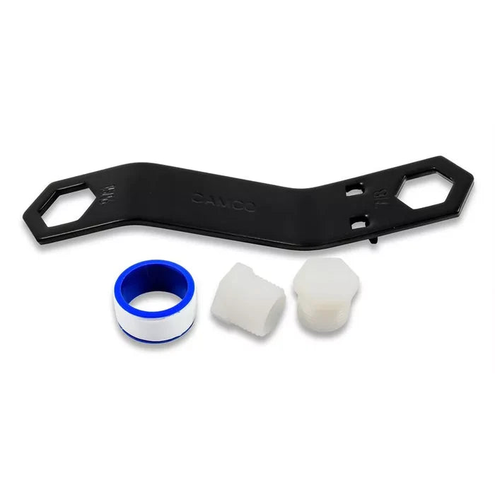 Camco RV Water Heater Drain Valve Wrench 11633 with Drain Plug Kit - Flat Lay | United RV Parts