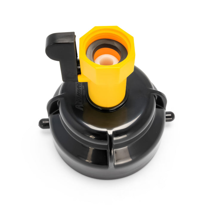 Black RV Sewer Hose Rinse Cap with Orange Gasket - Top Angle | United RV Parts