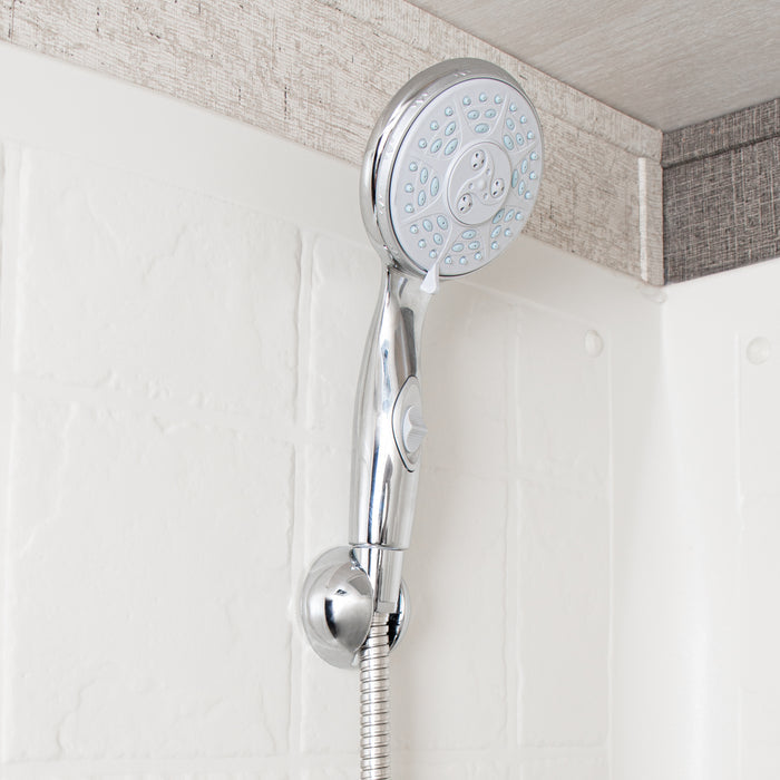 Camco 43713 Chrome RV Shower Head Kit Installed on White Shower Wall - Lifestyle View | United RV Parts