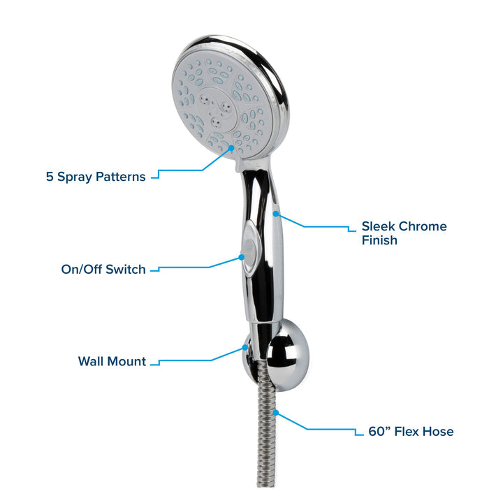 Camco 43713 RV Shower Head Kit Feature Callout - 5 Spray Patterns, On/Off Switch, 60-Inch Flex Hose | United RV Parts