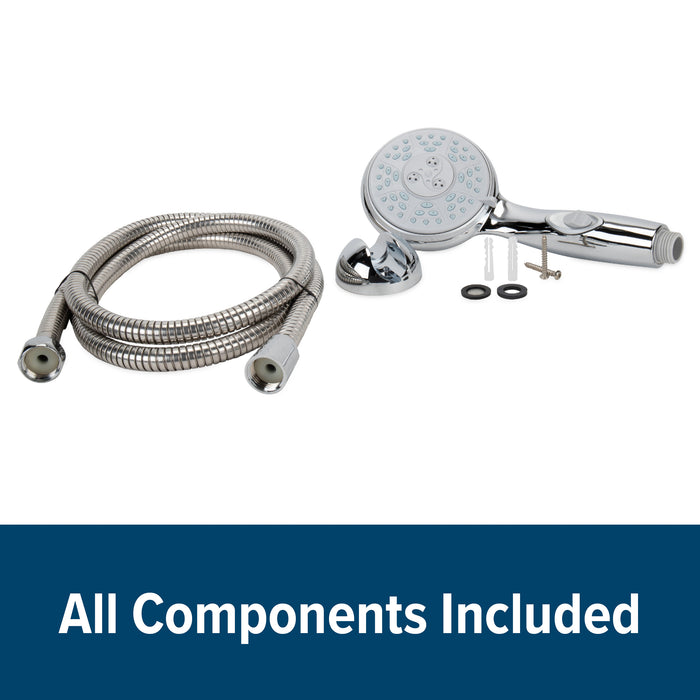 Camco 43713 RV Shower Head Kit Complete Contents - Head, Flex Hose, Mount, Hardware Flat Lay | United RV Parts