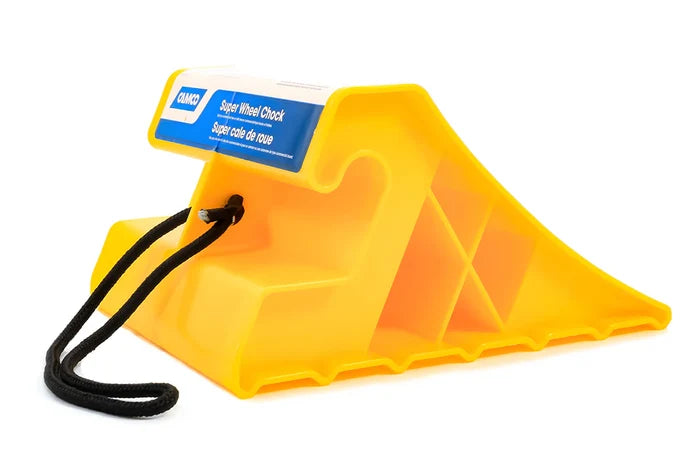 Yellow Camco Super Wheel Chock 44492 with Rope Handle - Angle View | United RV Parts