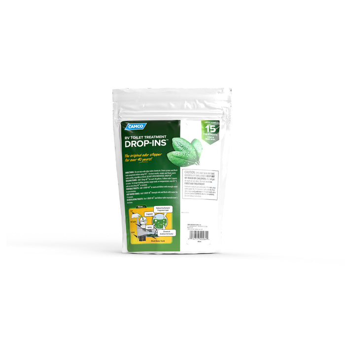 Camco TST Drop-Ins RV Toilet Treatment back panel with directions and usage diagram | United RV Parts
