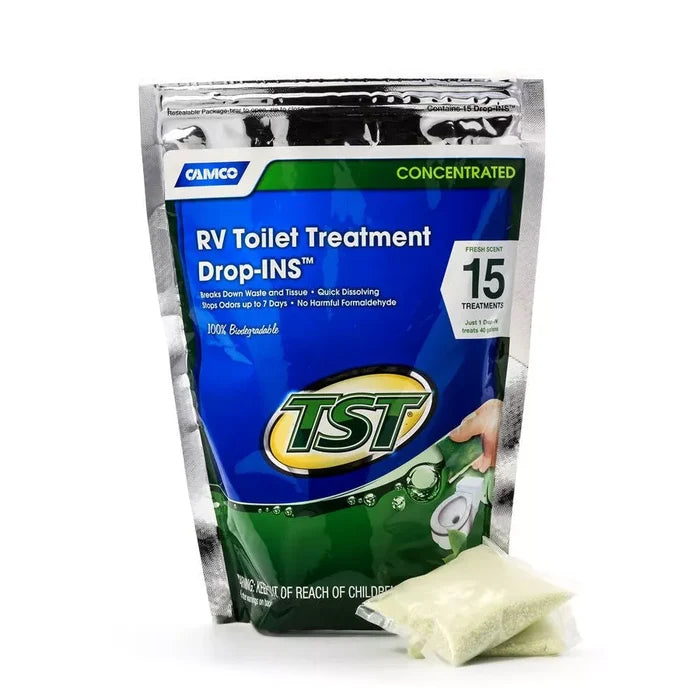 Camco TST Drop-Ins 40264 Concentrated RV Toilet Treatment Fresh Scent 15 Pack with single packet - Front View | United RV Parts