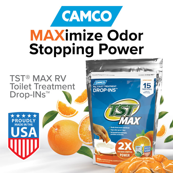 Camco TST MAX Citrus Scent Orange Package with Fresh Oranges - Marketing Shot | United RV Parts