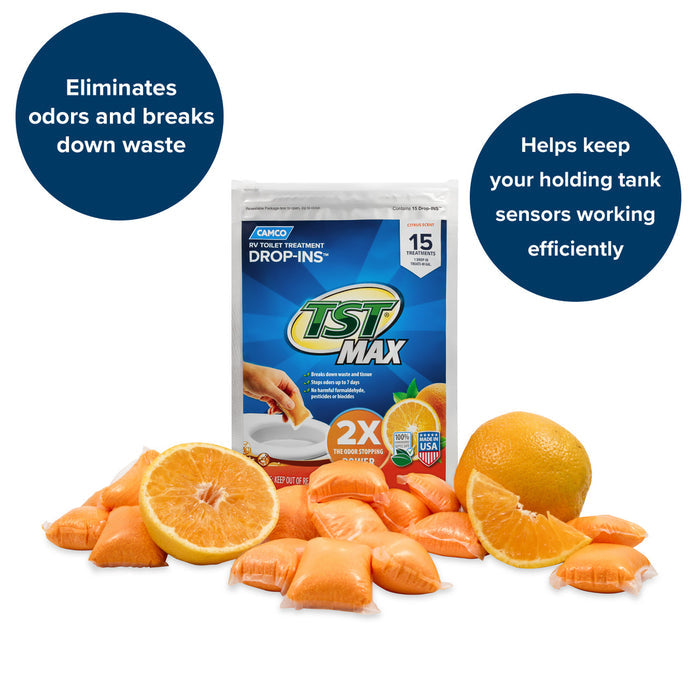 Orange TST Drop-Ins Pods with Benefits Text and Citrus Imagery | United RV Parts