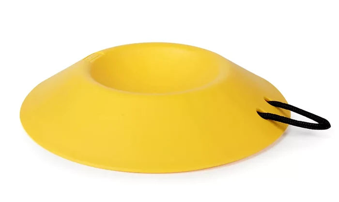 Yellow Camco Heavy-Duty Wheel Dock Round Divot Base with Black Rope Handle - Side Profile | United RV Parts