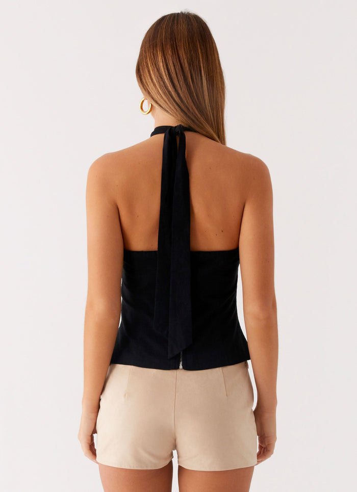 Catch Me Later Linen Halter Top - Black